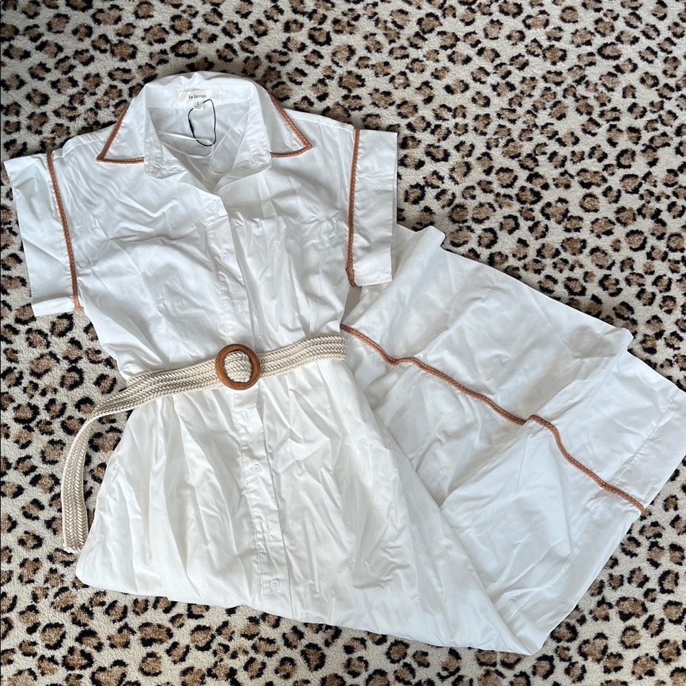White Maxi Shirt Dress with Tan Contrast Trim and Woven Belt